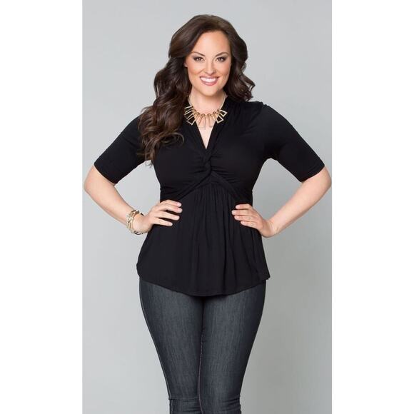 Kiyonna Top 1X Black Caycee Twist Empire Waistline Twist Front Slimming V Neck - Picture 1 of 12